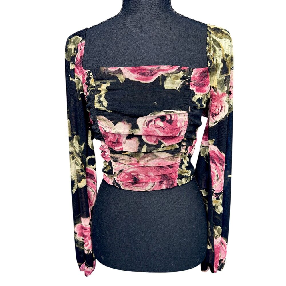 Womens Floral Long Sleeve Crop Top Sz S Mesh Sheer Ruched Coquette Feminine Rose